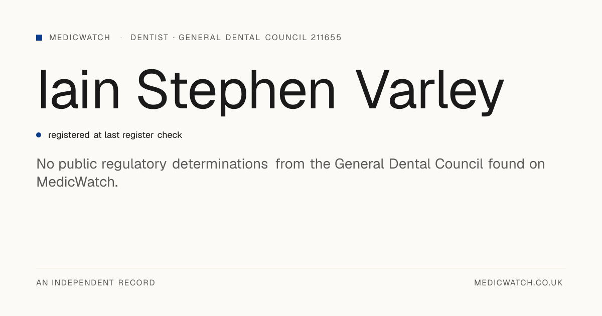 Iain Stephen Varley | General Dental Council 211655 | MedicWatch